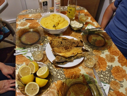 7489 Smažené ryby s kukuřičnou kaší (kuljaša). Rumuni vaří podobnou kaši (mamalyga)